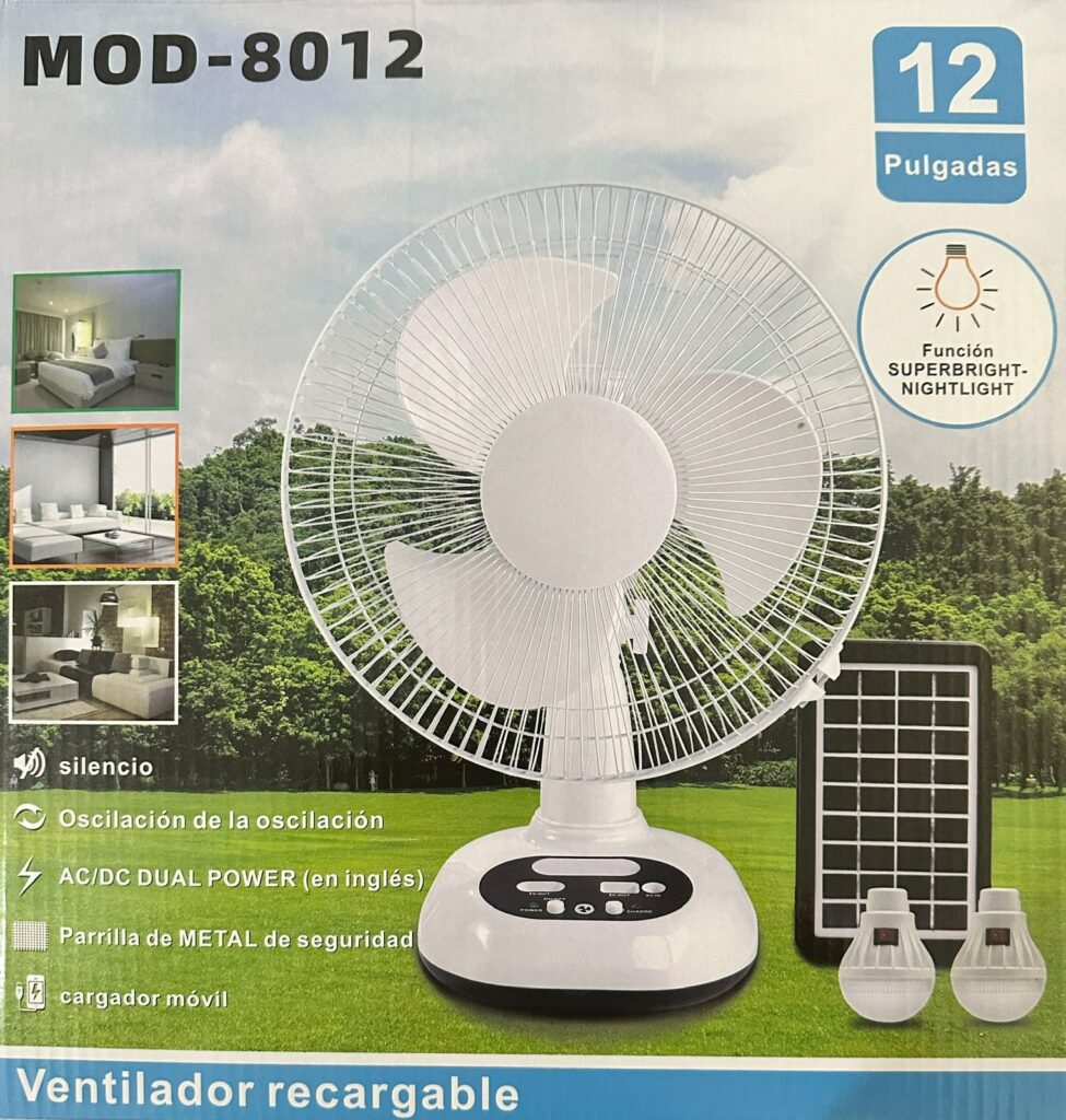 Ventilador Recargable 12" (Incluye 2 focos de regalo y panel solar)